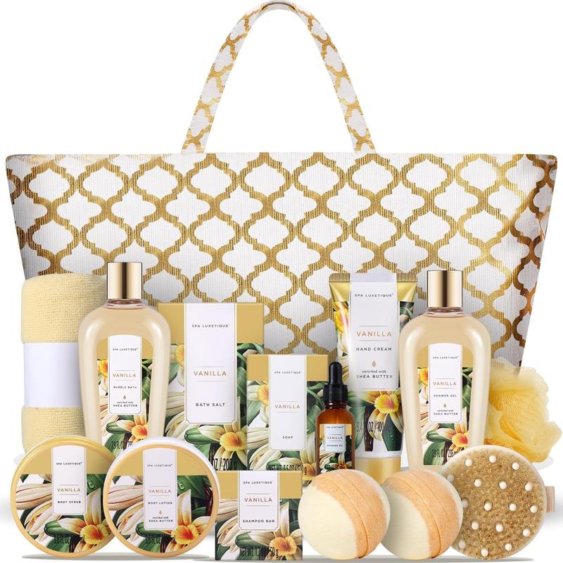 Bath and Body Care Gift Baskets for Women, 15 Pcs Vanilla Spa Gifts, Bubble Bath, Bath Salt, Bath Bombs Tote Bag Birthday Gifts for Her Mom Wife Girlfriend