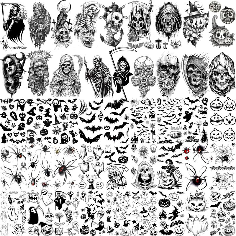 61 Halloween temporary tattoos for men and women, 12 skulls of death, 49 spider webs Long Lasting Waterproof Gothic Durable