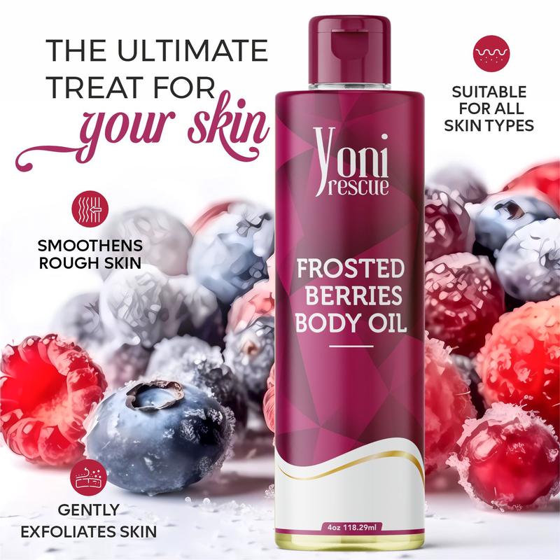 Frosted Berries Body Oil, 4oz, with Apricot, Jojoba, Avocado Oils & Vitamin E Oil, Fast-Absorbing, Nourishes and Hydrates Skin, Skin Repair, Body Care, Ideal for All Skin Types, Berry Fragrance Moisturizer by Yoni Rescue