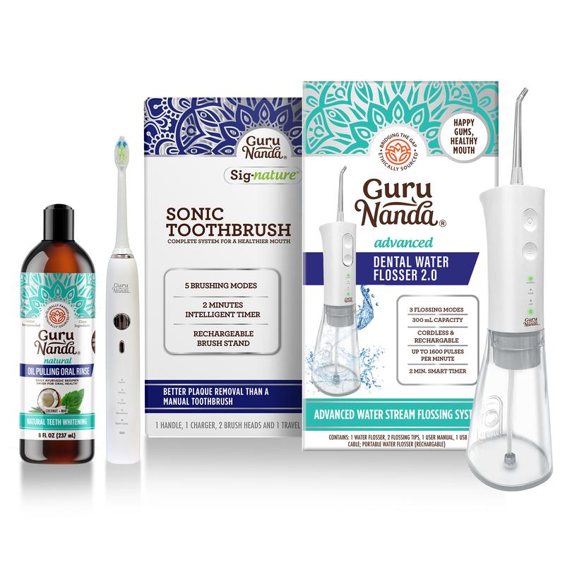 FreshTech Dental Revolution - GuruNanda 8oz Cocomint Pulling Oil + Water Flosser + Sonic Toothbrush