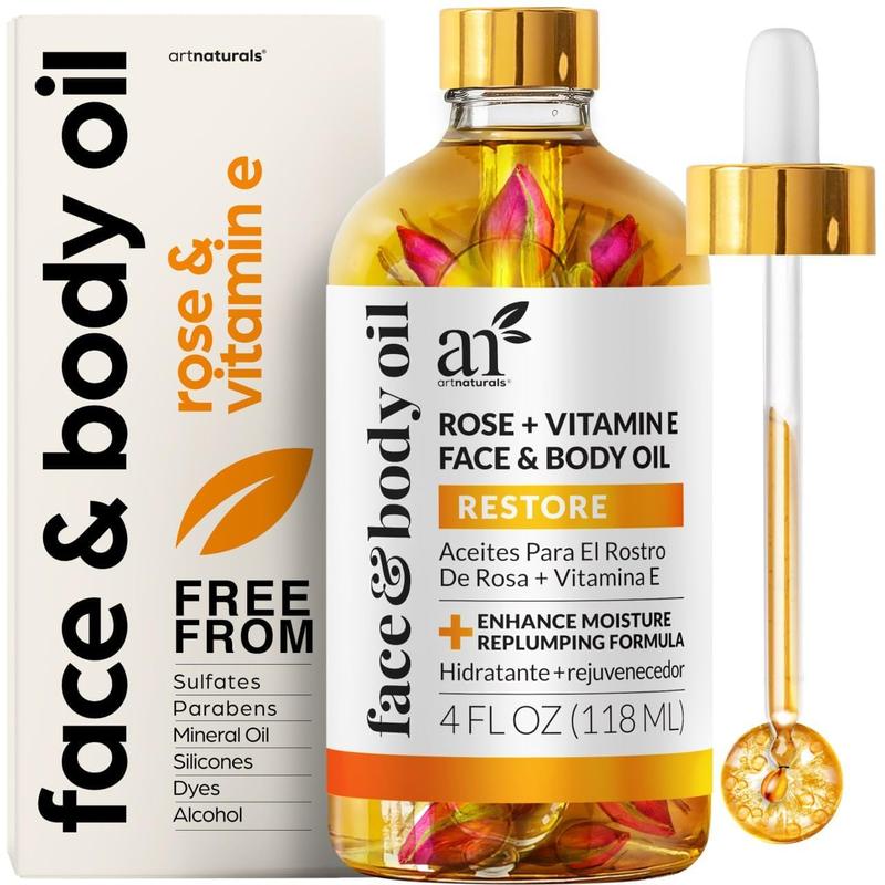 Organic Rose + Vitamin E Face Oil 4.0oz - for Body & Hair - 100% Natural, Moisturize, Rejuvenate&Enhance your skin - Anti-Aging Moisturizer Facial Oil for Fine Lines,Scars & Wrinkles Serums Skincare Comfort Skin Repair Comfort Skin Repair Hydrate Moisture