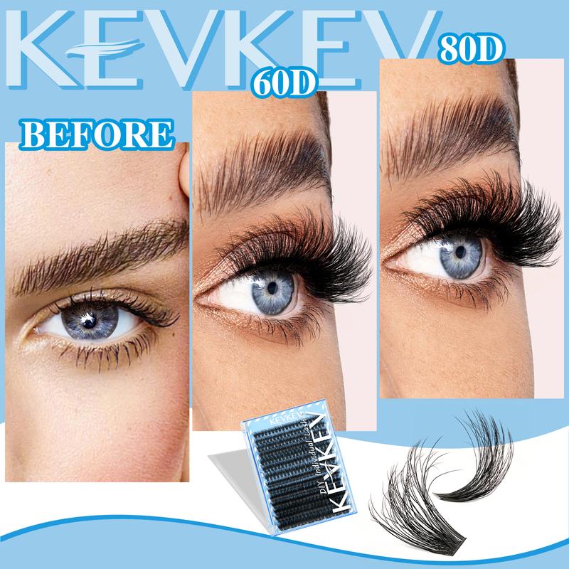 KevKev 280Pcs Fluffy Volume DIY Lash Clusters Kit 3D Eyelash Extension Kit with Lash Bond and Seal Remover Eyeliner Pen lash Curler 6-In-1(60D+80D)