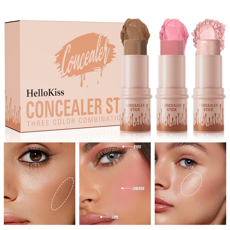 Makeup Essentials Set - Concealer Stick Trio with Highlighter Bronzer Blush Long Lasting Waterproof Medium Coverage Multi-shade Birthday Fall Gift