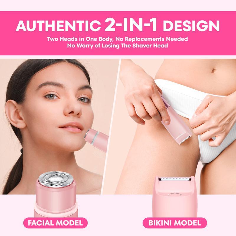 Bikini Trimmer for Women, Akunbem Electric Shaver and Razor Rechargeable 2-in-1 Body and Facial Hair Removal Double Head for Painless Trimming of Pubic Face Underarm Legs, IPX7 Waterproof