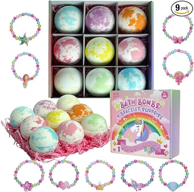 KAV Bracelet Surprise Bath Bombs for Kids Girls, 9 Pcs Natural Organic Fizzy Princess Fun Bubble Bath Bomb Kit with Jewelry Toys