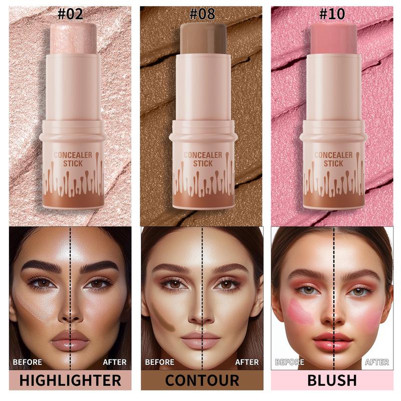 Long Lasting Concealer Stick, 3 Counts set Highlighter & Blush & Contouring Stick, Facial Makeup Tool for Women & Girls