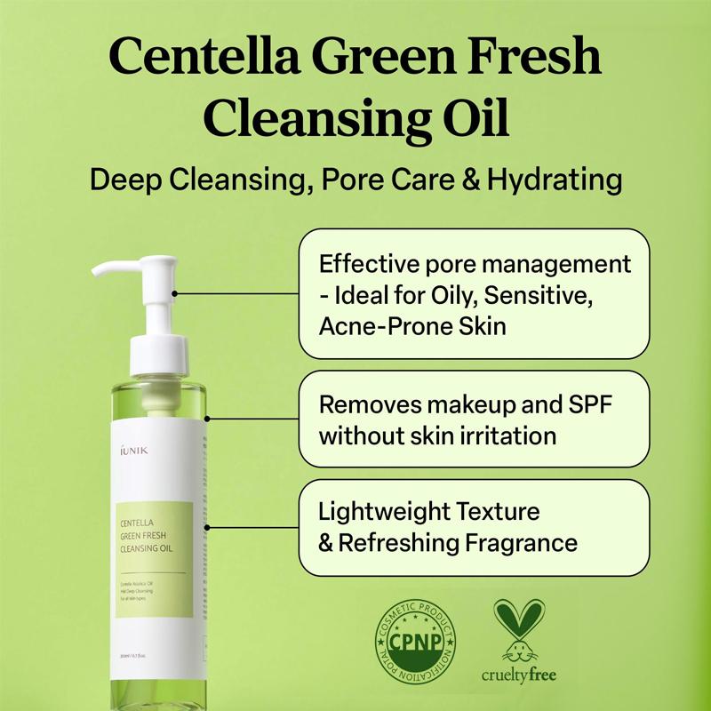 IUNIK Centella Green Fresh Cleansing Oil - Official Product Pore & Sebum Control Oil Cleanser - Makeup Remover for All Skin Types (6.7 fl oz)