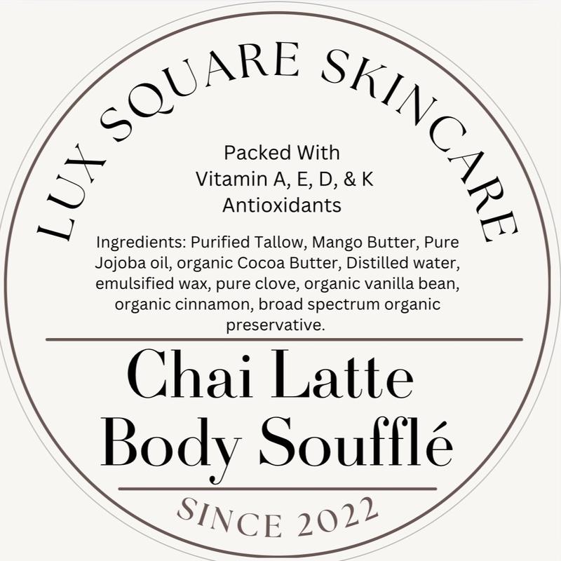 Lux Square Brand Chai Latte Body Soufflé - Organic Highly Moisturizing made with Vanilla bean, Mango Butter & Tallow - Body Care, Cocoa Jojoba Cosmetic Comfort Glossy Skin Repair Skin Care Daily Moisturizer tallow balm