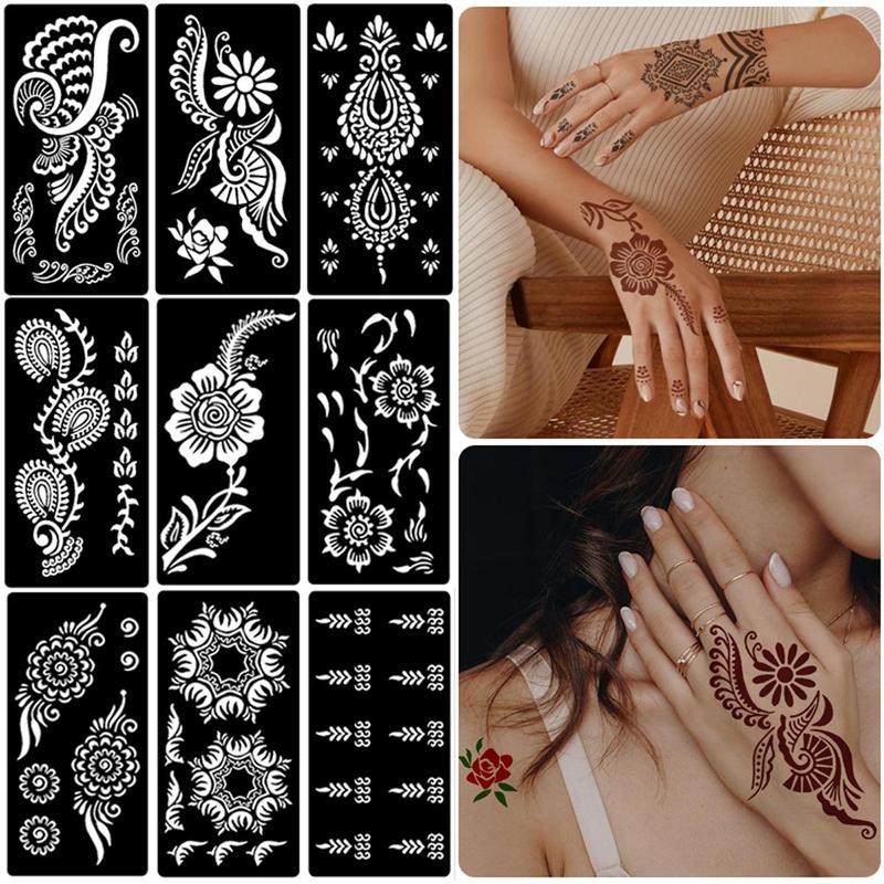 Vintage Floral Pattern Temporary Tattoo Stencil, 9pcs set Self-adhesive Body Art Tattoos Paint Sticker, Beauty & Personal Care Fake Tattoo