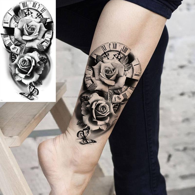 Rose & Cross Pattern Temporary Tattoo Sticker, 8 Counts set Half Arm Sleeve Tattoo Temporary Tattoo Sticker, Body Art Sticker Fake Tattoo for Women & Men, Realistic Tattoos for Men, Gifts for Girlfriend, Christmas Gift