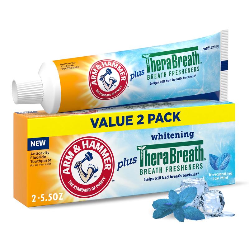 ARM & HAMMER Toothpaste Plus TheraBreath Breath Fresheners, Invigorating ICY Mint Flavor, Whitening Anticavity Fluoride Toothpaste for Bad Breath, 5.5 Oz (Pack of 2)