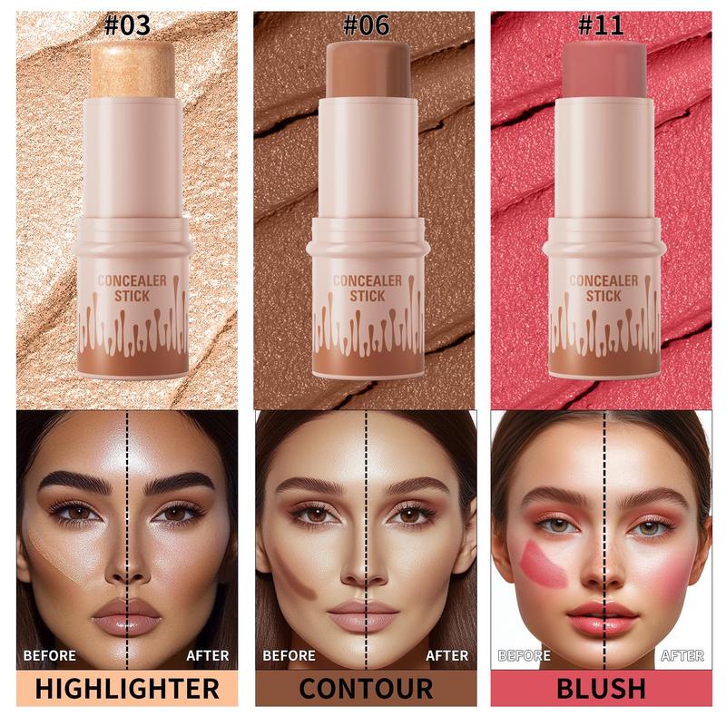 Long Lasting Concealer Stick, 3 Counts set Highlighter & Blush & Contouring Stick, Facial Makeup Tool for Women & Girls