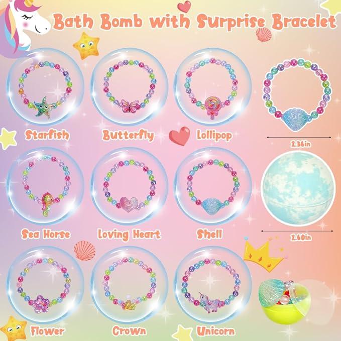 KAV Bracelet Surprise Bath Bombs for Kids Girls, 9 Pcs Natural Organic Fizzy Princess Fun Bubble Bath Bomb Kit with Jewelry Toys