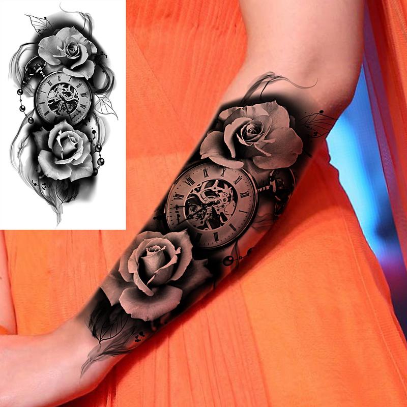 Rose & Cross Pattern Temporary Tattoo Sticker, 8 Counts set Half Arm Sleeve Tattoo Temporary Tattoo Sticker, Body Art Sticker Fake Tattoo for Women & Men, Realistic Tattoos for Men, Gifts for Girlfriend, Christmas Gift