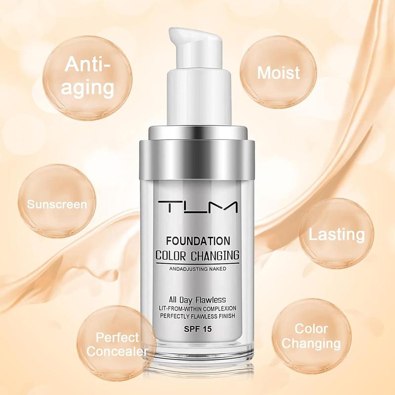 2 PACK TLM Color Changing Foundation Liquid Base, All Day Flawless Warm Skin Tone BB Cream Makeup Base Concealer for All Skin SPF15