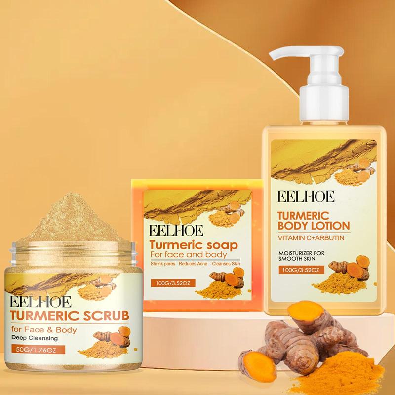 Turmeric Skin Care Set, 1 Box 3 Boxes Gentle Cleansing Soap & Exfoliating Scrub & Moisturizing Body Lotion, Skin Care Product for Women & Men Daily Use