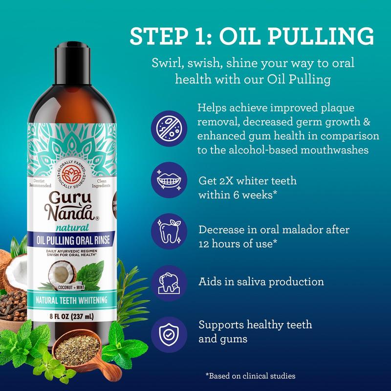 GuruNanda 7 Step Regimen - Oil Pulling (Cocomint), Mouthwash, Butter on Gums for Health Teeth & Gums Oral Whitening