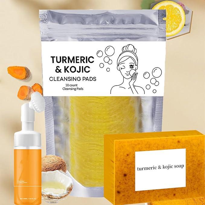 Turmeric Cleansing Care Three Piece Set, Turmeric Cleansing Milk, Turmeric Cleansing Milk, Turmeric Cleansing Soap Cleaner, Turmeric Facial Scrub Pad, Christmas Skincare Cleaning Set Skin Repair Comfort