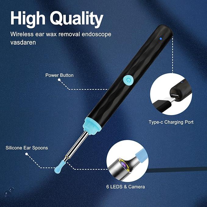 Wax Removal Tool for Ear - Spade Ear Canal Cleaner with Camera 1080P Earscope, Wax Remove Ear Picker with 8Counts Replacement Tip, Camera with 6LED Light for Ear Nose Throat Examination