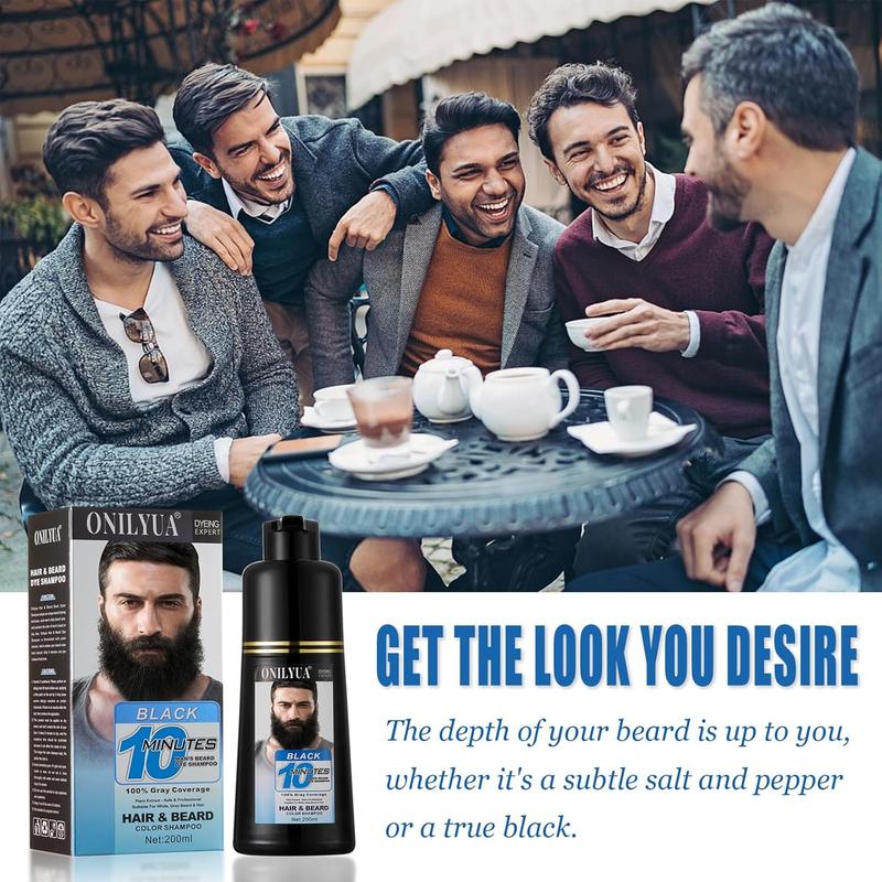 Men's 3-in-1 Black Beard & Hair Dye Shampoo, Instant Grey Darkening Beard Color Shampoo in 10 Minutes, Simpler Gray Reducing Mustache & Beard Dye for Men, with Plant Extract for Healthy Facial Hair Haircare