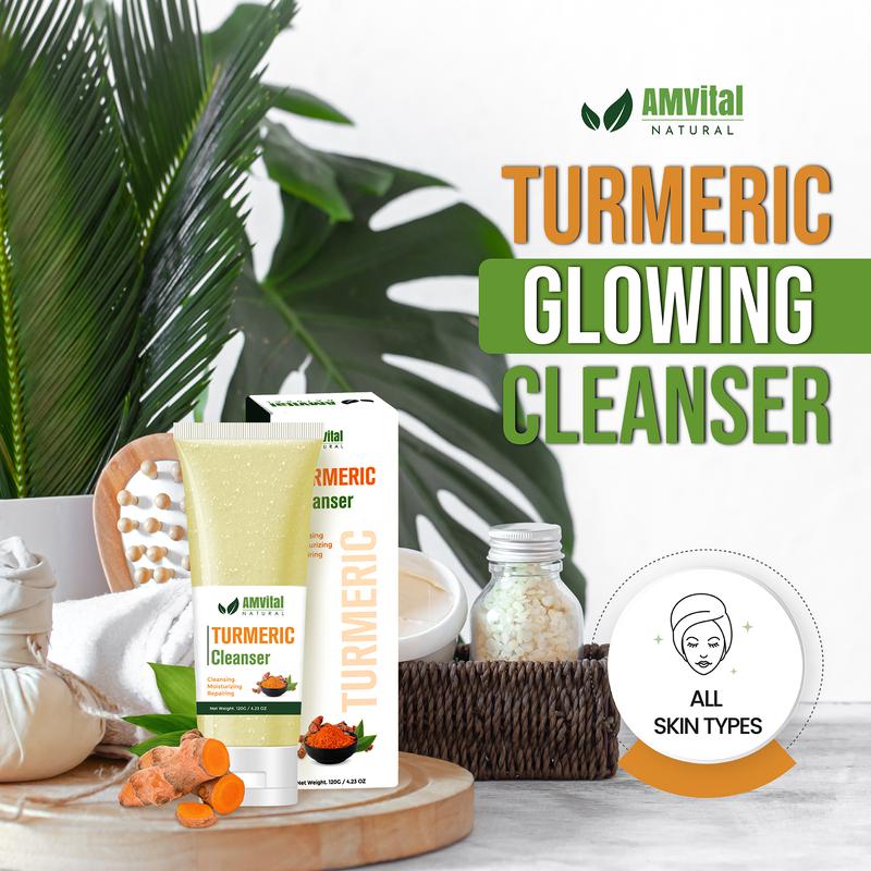 AMVital Turmeric Facial Cleanser gently nourishes and hydrates skin with natural ingredients like aloe vera and vitamin E, daily skincare