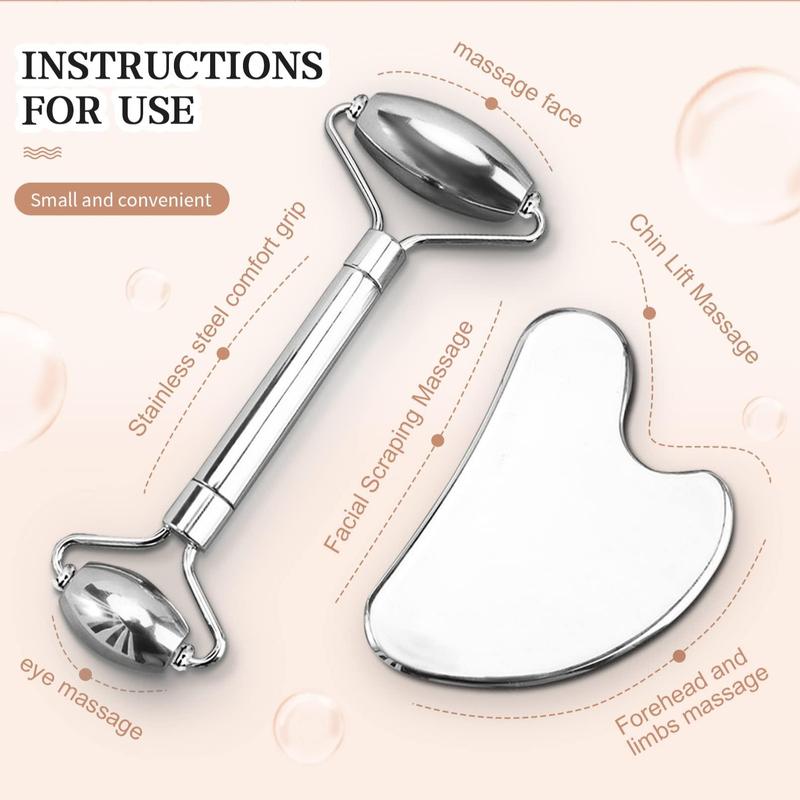 Stainless Steel Facial Massage Tool, 2pcs set Facial Skincare Roller & Gua Sha Board, Daily Use Body Massage Tool, Manual Guasha Tool for Face & Body