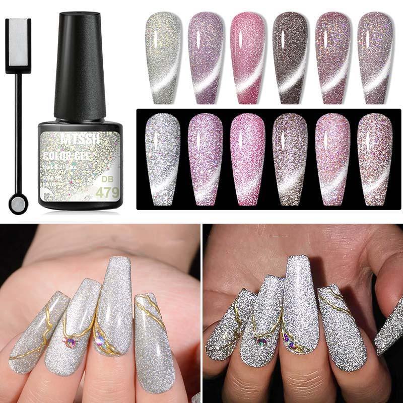 Reflective Glitter Magnetic Gel Nail Polish Set, 6 Counts Magic Color Laser Cat UV Gel with 1 Count Magnetic Stick, Nail Art Kit for Home Salon