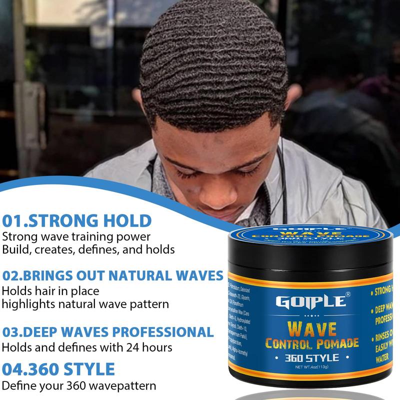 Natural Wave Pomade for Men - Strong Hold, Easy Wash 360 Wave Training Cream, Water-Based Moisturizing Hair Grease for Black Men