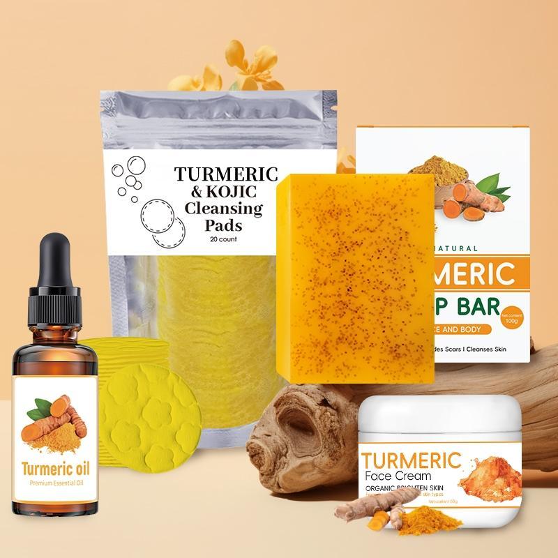 Turmeric Skin Care Kit, 4 Counts set Turmeric Kojic Acid Soap & Cleansing Pads & Turmeric Oil & Face Cream, Daily Cleaning Skin Care Sets for Men & Women, Christmas Gift