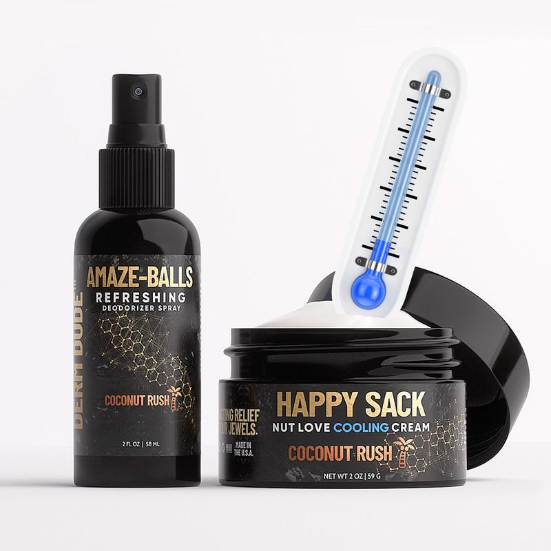 The Perfect Pair: Men's Ball Cooling & Anti-Chafe Cream with Deodorizing Spray and Sack Scrubber – Coconut Aloe & Eucalyptus Scent