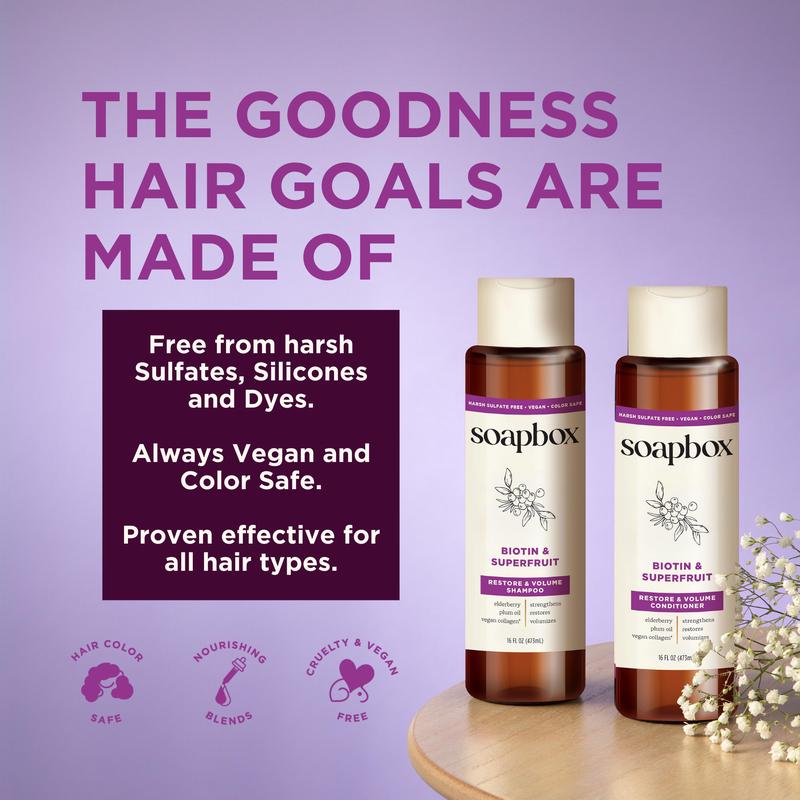 Soapbox Biotin & Superfruit Shampoo + Conditioner Set - Voluminous Hair Boost with Vegan Collagen, Aloe & Shea - Color-Safe, Sulfate & Paraben-Free