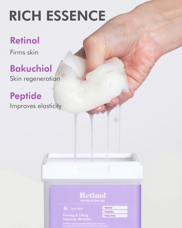 DERMAL Retinol Peptide Lifting Pad - Korean Toner Pad for Anti-Aging & Wrinkles with Bakuchiol - Vegan Pure Cotton Square Pads, 120 Sheets