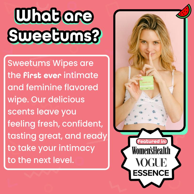 Sweetums flavored feminine wipes fruit sample pack pH balanced gynecologist and dermatologist tested