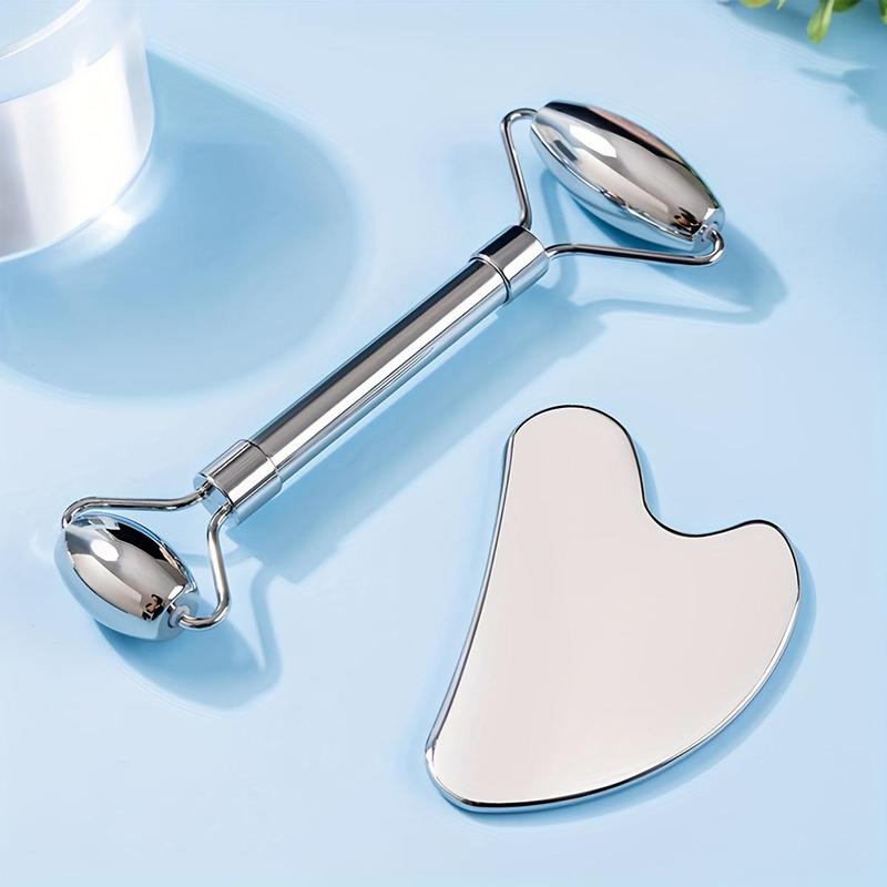 Stainless Steel Facial Massage Tool, 2pcs set Facial Skincare Roller & Gua Sha Board, Daily Use Body Massage Tool, Manual Guasha Tool for Face & Body