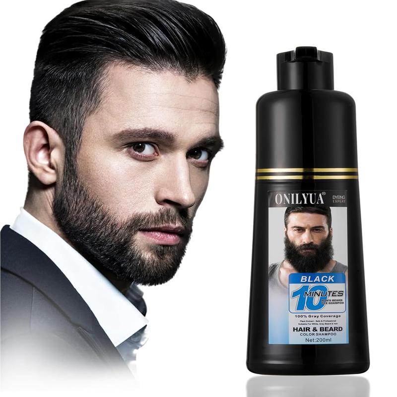 Men's 3-in-1 Black Beard & Hair Dye Shampoo, Instant Grey Darkening Beard Color Shampoo in 10 Minutes, Simpler Gray Reducing Mustache & Beard Dye for Men, with Plant Extract for Healthy Facial Hair Haircare