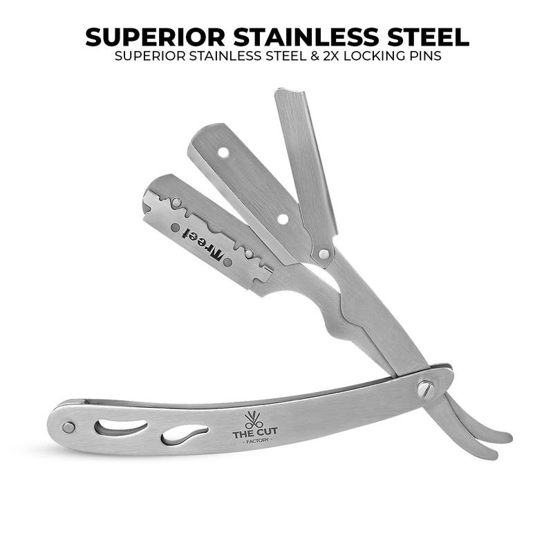 The Cut- Factory- Straight Razor with 100 Pack Platinum Treat Single Blade Razors for Men- Professional Barber Straight Edge Razor for Close Shaving 100 Percent Stainless Steel-Silver