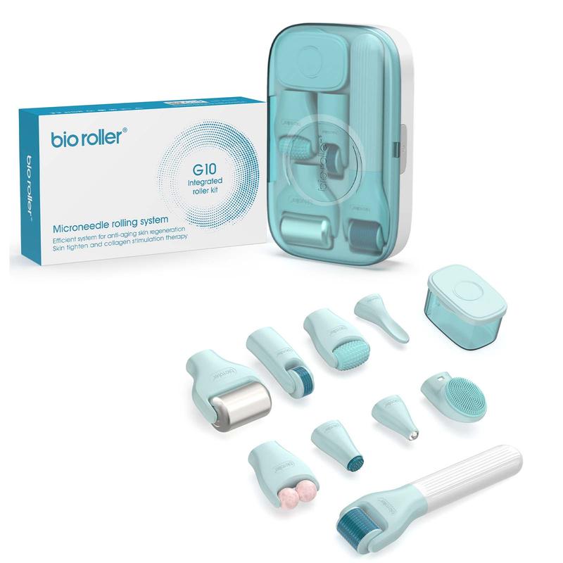 Bio Roller 10 In 1 Dermaroller Kit Face Massager Jade Ice Roller Microneedling Derma Rolling System Facial Cleaning Brush With Travel Case Cleansing Silicone Skincare Gentle