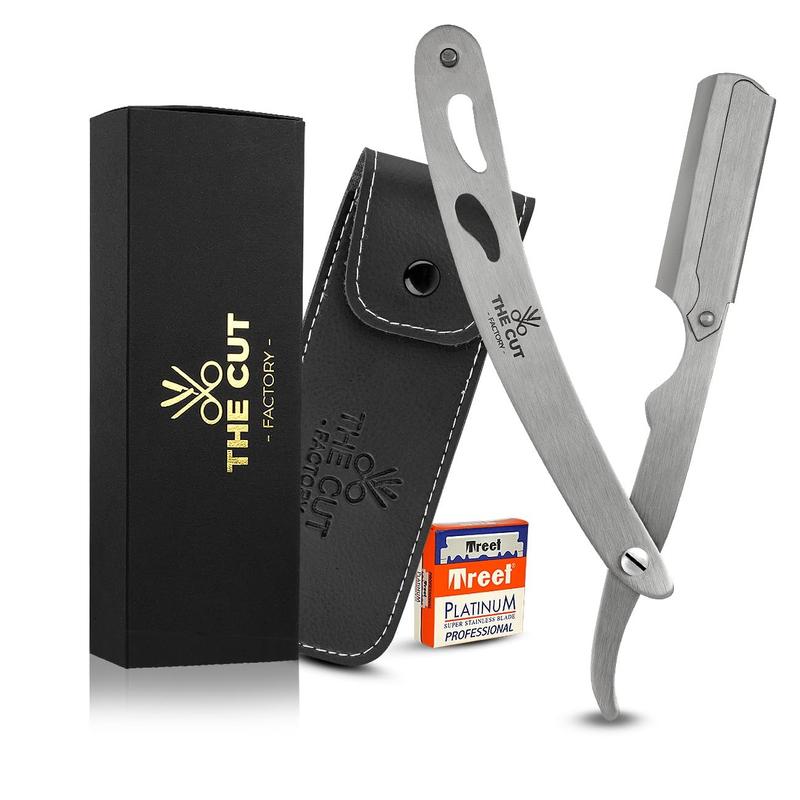 The Cut- Factory- Straight Razor with 100 Pack Platinum Treat Single Blade Razors for Men- Professional Barber Straight Edge Razor for Close Shaving 100 Percent Stainless Steel-Silver