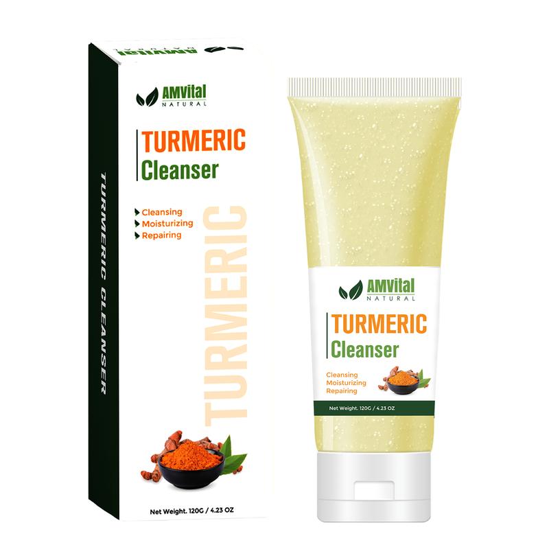 AMVital Turmeric Facial Cleanser gently nourishes and hydrates skin with natural ingredients like aloe vera and vitamin E, daily skincare