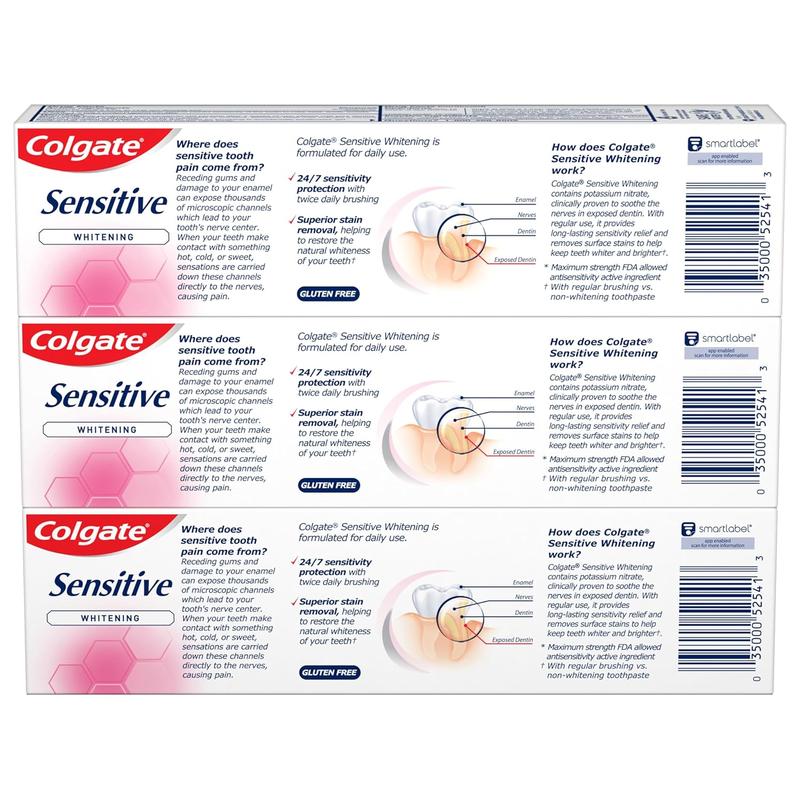 Colgate Whitening Toothpaste for Sensitive Teeth, Enamel Repair and Cavity Protection, Fresh Mint Gel, 6 Oz (Pack of 3)