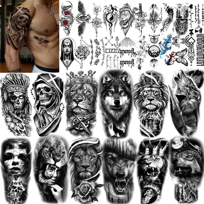 32 Sheets Large-Size Black Temporary Tattoos Stickers,Forearm Designs Featuring Tribal,Wolf,Tiger, Lion, Owl, Skeleton Skull,Temp Halloween Fake Tattoo Stickers, Rose, and Animals Waterproof