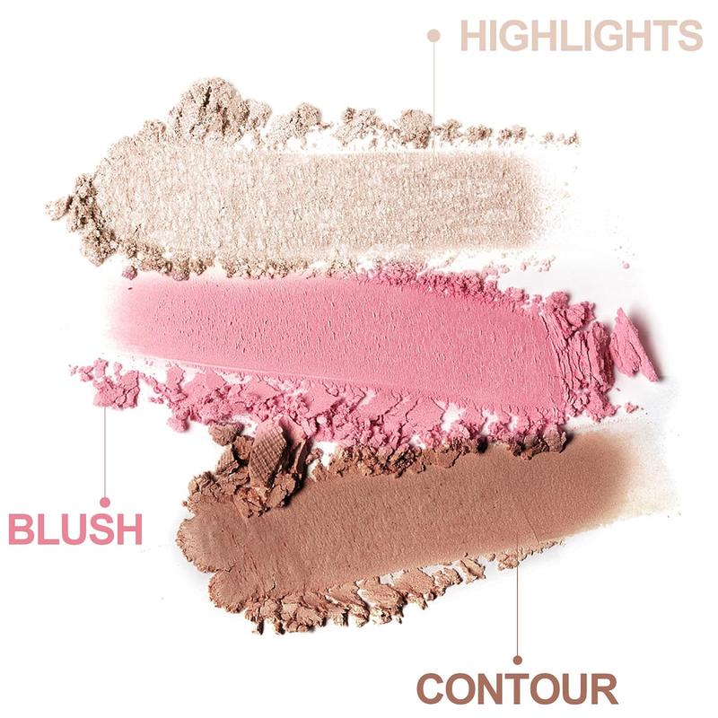 3-in-1 Blendable Trio, Contour and Highlight Blush Makeup Palette, Cream Bronzer, Silky Smooth Powder Blush, Shimmer Highlighter Makeup Powder, Pink Brown Eyeshadow Palette with Mirror(02)