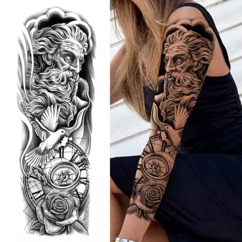 God Warrior Flower Pattern Temporary Tattoo, Waterproof Long Lasting Realistic Fake Sleeve Tattoo Sticker, Body Art Sticker for Men & Women