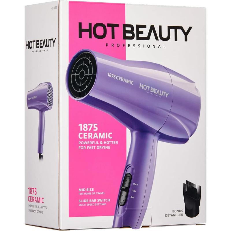 1875 Ceramic Hair Dryer, Powerful Fast Drying, Multi-Setting with Comb Attachment, Additional Detangler Included, Slide Bar Switch, Compact for Home & Travel (Purple)