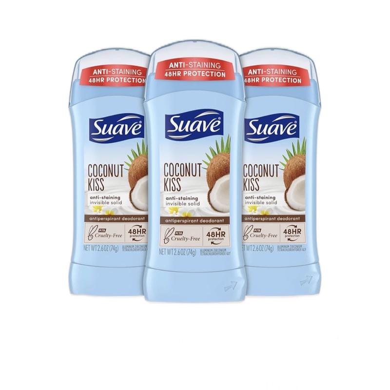 Suave Coconut Kiss Deodorant Stick for Women, 48H Protection, 2.6 Oz Ea (Pack of 3) - Invisible Solid Antiperspirant