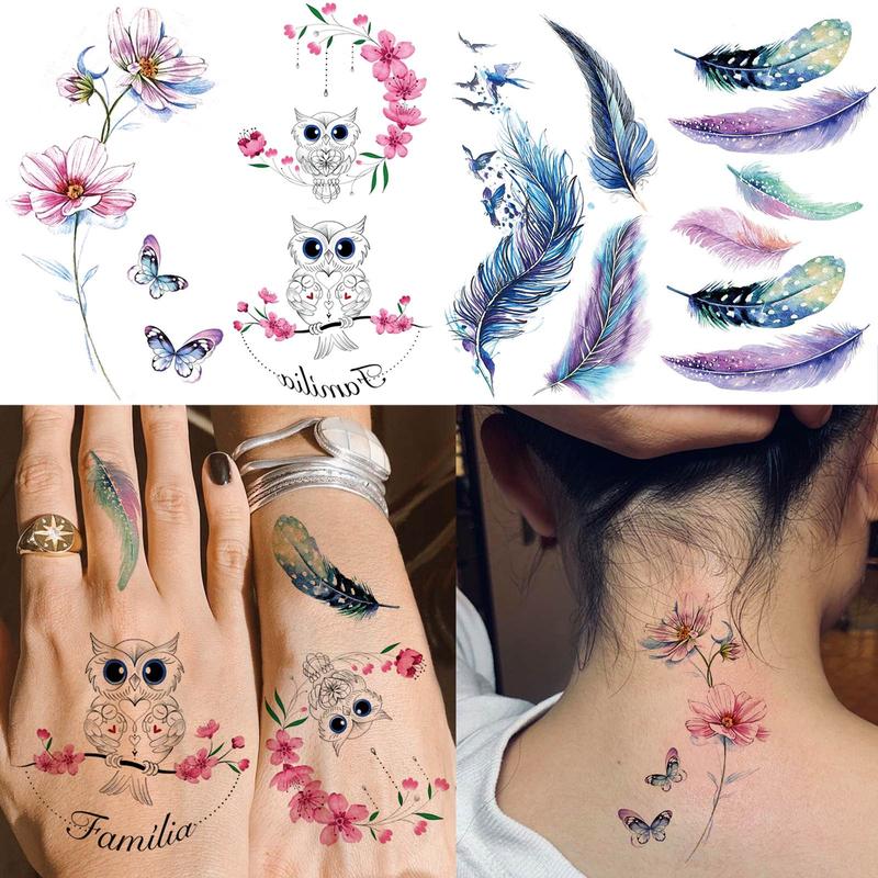 Flower & Feather Pattern Temporary Tattoo Sticker, 15pcs set Boho Style Fake Tattoo Sticker, Body Art Decoration for Women & Girls