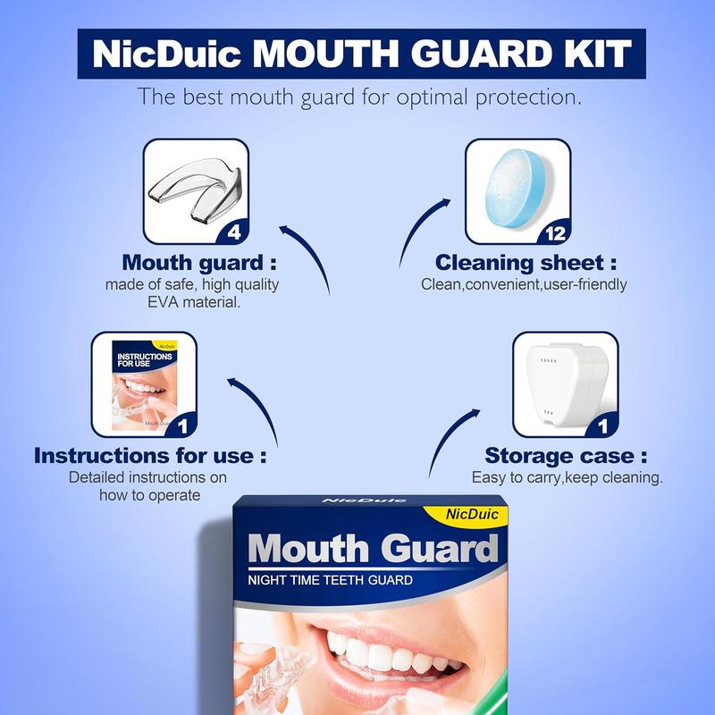 Mouth Guard for Grinding Teeth at Night with 12 Cleaning Tablets, Moldable Mouthguards for Grinding of Teeth, Professional Night Guards for Teeth Grinding, Mouth Guard for Sleeping 1 Size  4 Pcs.