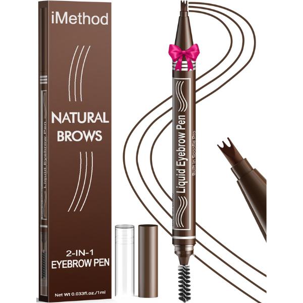 iMethod Eyebrow Pen - Eyebrow Pencil 2-in-1 Dual-Ended Eye Brow Pencils for Women with 3-Fork-Tip and Spoolie Brush Create Natural Hair-Like Defined Brows, Last All-Day