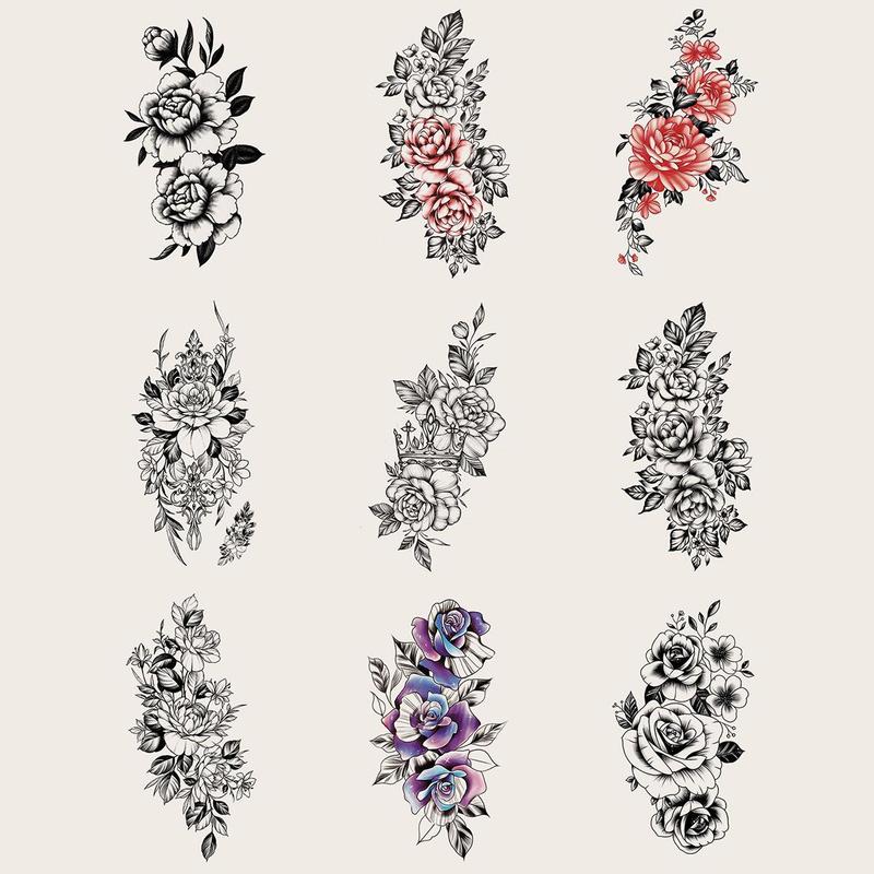 Flower Pattern Temporary Tattoo Sticker, 9 Counts set Colorful Temporary Fake Tattoo Decals, Body Art Stickers for Women & Girls