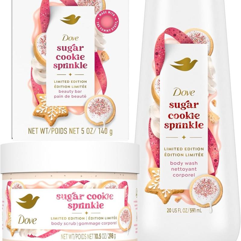 Limited Edition Sugar Cookie Sprinkle Collection for Deep Nourishment - Dove Body Wash, Bar, and Scrub 3 Pack Moisturizing Body Care Exfoliate Scented